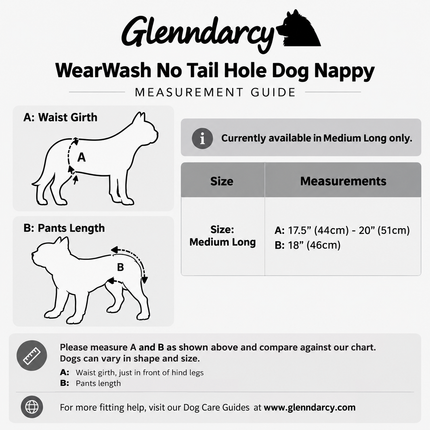 Glenndarcy WearWash No Tail Hole - Washable Dog Nappy with Built-In Absorbency - Medium Long Only