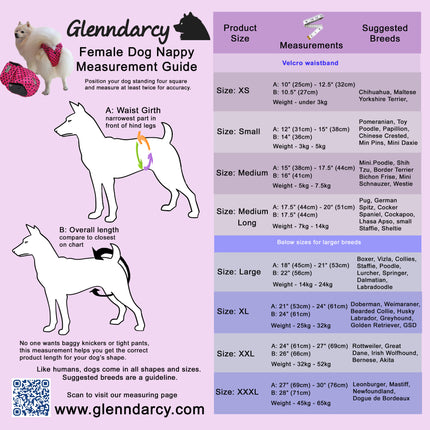 Glenndarcy female dog nappy size chart showing measurements to help choose the correct fit.
